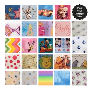 Op de afbeelding: Een collage van stofstalen met verschillende patronen en personages, waaronder Disney's Mickey Mouse, Winnie the Pooh en Disney-prinsessen. De tekst "Pick Your Vintage Trim" staat op een zwarte cirkel.