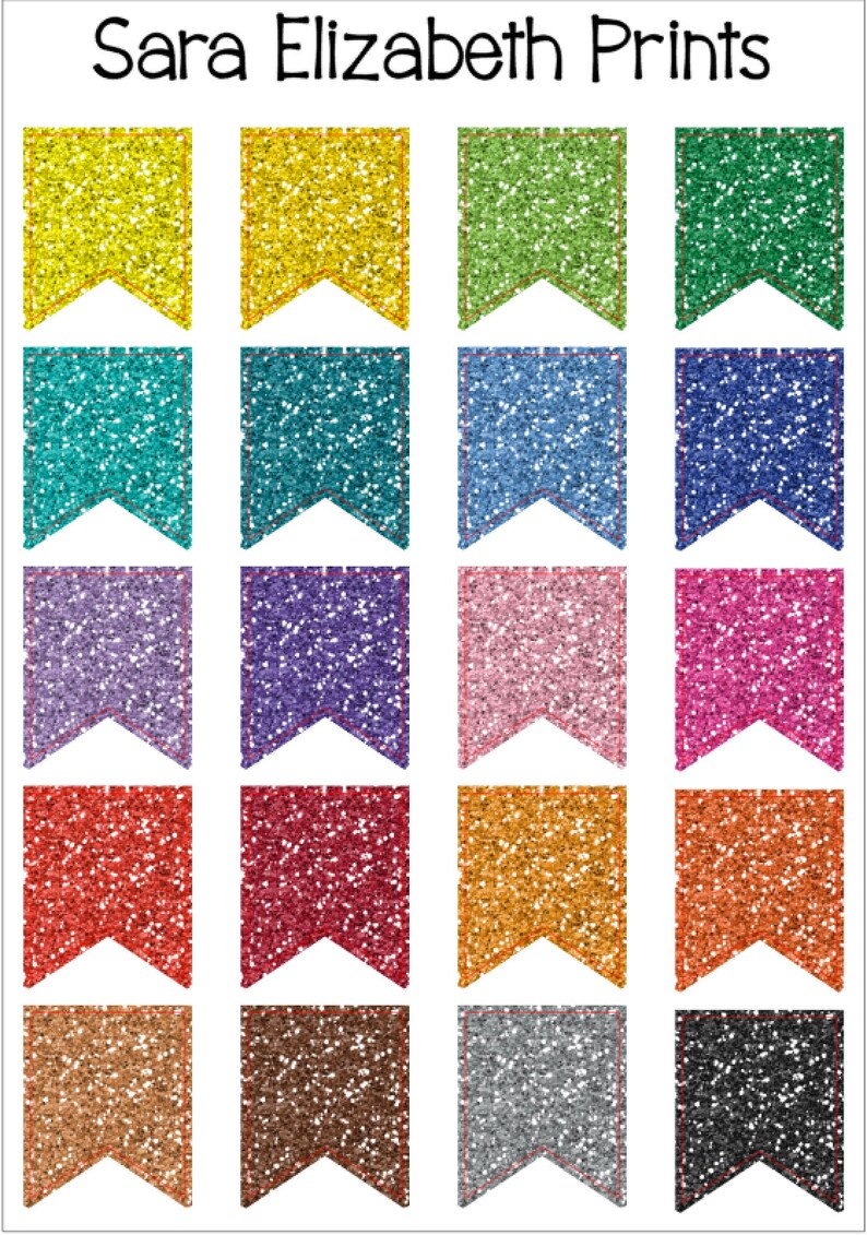 May include: Twenty-four glitter pennant flags in various colors, including yellow, green, blue, purple, pink, red, orange, brown, silver, and black.  Sara Elizabeth Prints.