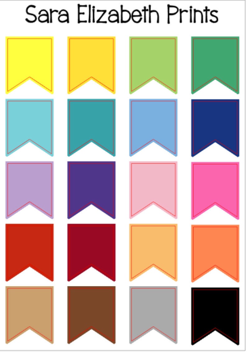 May include: A set of 20 printable pennant flags in various colors, including yellow, green, blue, purple, pink, red, orange, brown, gray, and black. The flags are all the same size and shape, and they are arranged in a grid pattern.  Sara Elizabeth Prints.