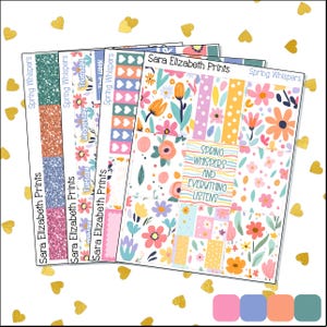 May include: A collection of planner stickers with floral designs and the text "Spring Whispers" and "Spring Whispers and Everything Listens." The stickers feature various colors, including pink, blue, orange, and green, with gold heart accents.