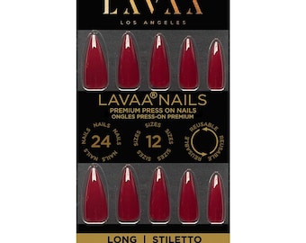 May include: A pack of LAVA stiletto-shaped press-on nails in a rich red hue. The packaging features the brand name, nail details, and the words "reusable" and "sizes". The pack contains 24 nails in 12 sizes.