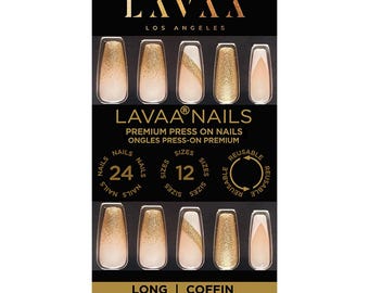 GLAM GODDESS Press-On Nails | Long Coffin Gold Nail Art | Salon Quality & Reusable | Lavaa Beauty