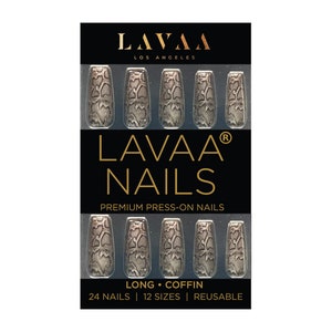 SOCIAL SNAKE Press-On Nails | Long Coffin Black Snake-Skin Design | Salon Quality & Reusable | Lavaa Beauty