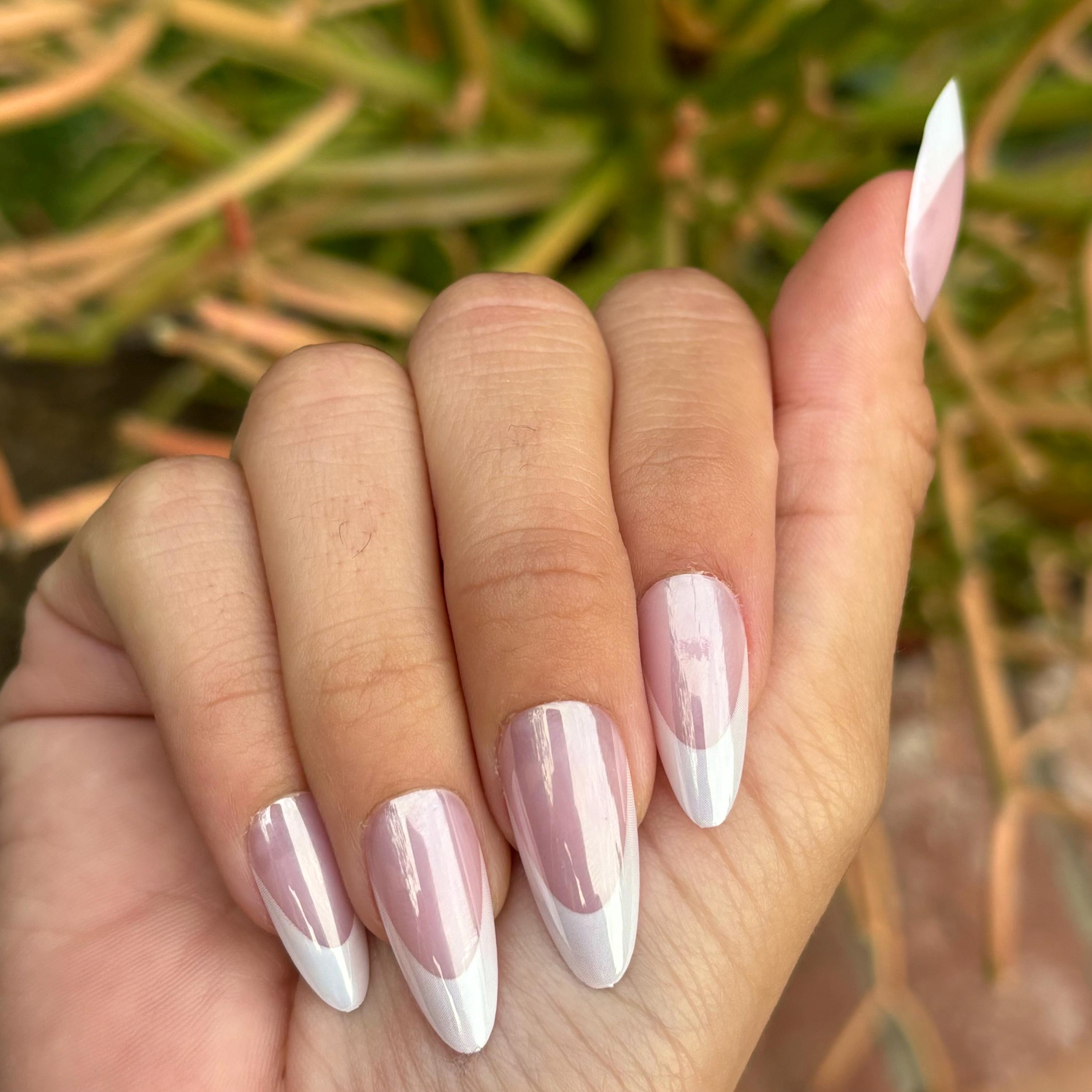 CHROME FRENCH Press-On Nails by Lavaa Beauty |  French Tip Medium Almond & Pearly Chrome Finish