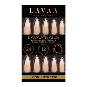 May include: A package of LAVA nails in a long stiletto shape. The nails are a nude color and are arranged in rows. The package includes 24 nails in 12 sizes and is reusable. The LAVA logo is at the top.