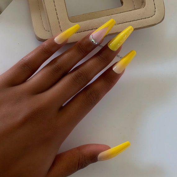 SUN FEVER Extra Long Press on Nails Coffin Shape Yellow - Etsy