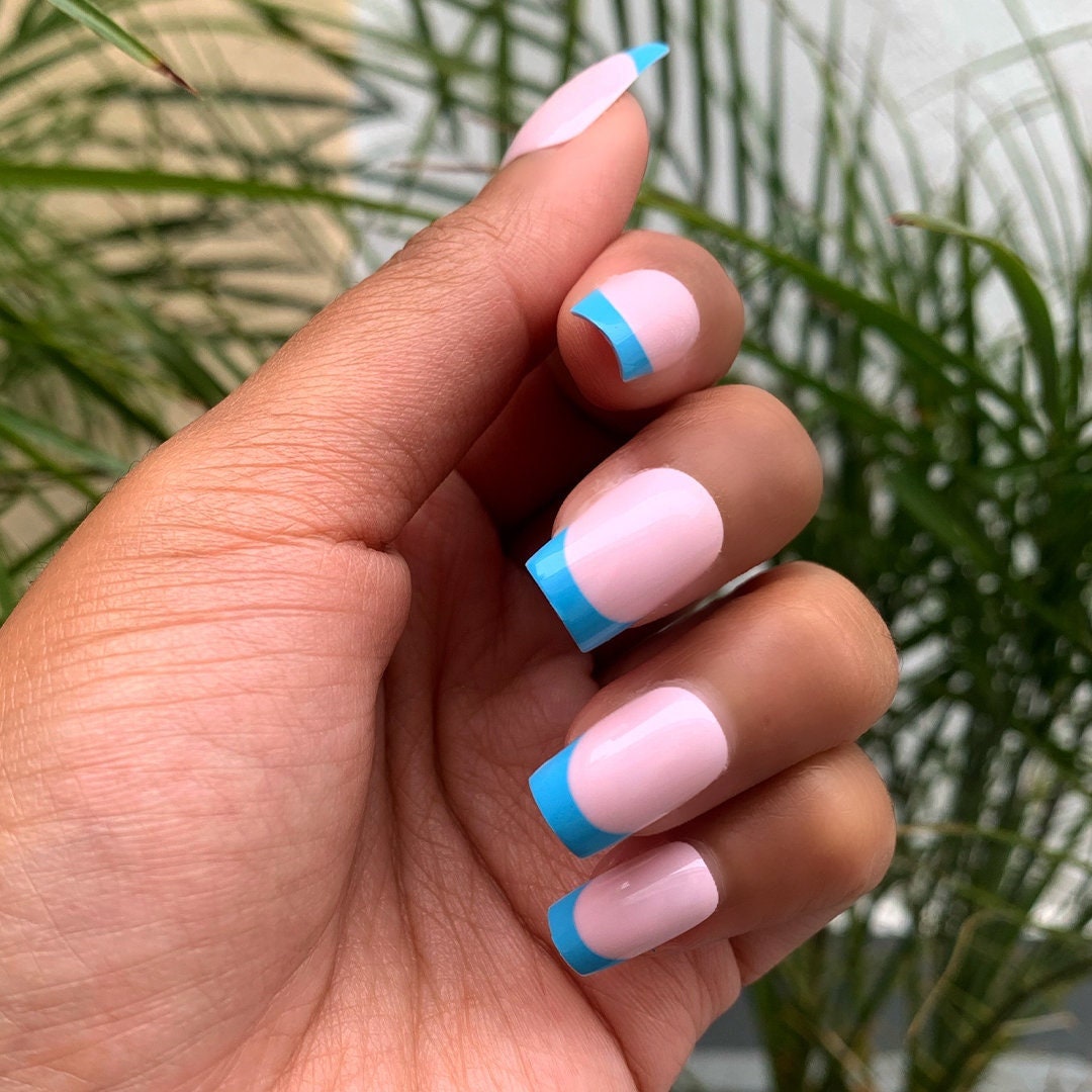 Blue French Medium Press on Nails square French Tip - Etsy Australia