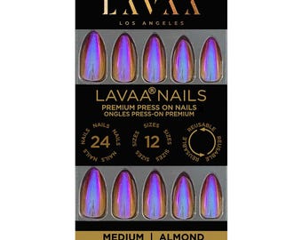 May include: A pack of LAVAA NAILS press-on nails in an almond shape. The nails have a shimmering, iridescent finish with purple, gold, and blue hues. The package contains 24 nails in 12 sizes and is labeled as reusable.