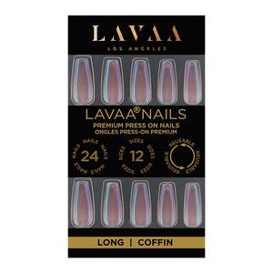May include: A package of LAVAA Nails press-on nails in a long coffin shape. The package is black and gold, with the brand name and product details displayed. The nails are a pearlescent color, and the package indicates 24 nails and 12 sizes.