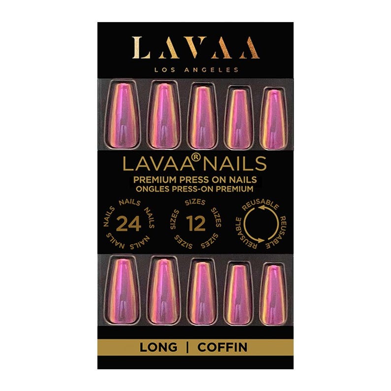 May include: A pack of LAVAA Nails press-on nails, coffin-shaped. The nails have a shimmering pink and gold finish. The package contains 24 nails in 12 sizes and is reusable. The text "LAVAA NAILS" and "LONG | COFFIN" are displayed.