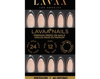 May include: A pack of LAVAA Nails press-on nails in an almond shape. The nails are a nude colour with a white French tip design. The package includes 24 nails and is labelled "Medium". The brand name and location, "LOS ANGELES", are displayed at the top.