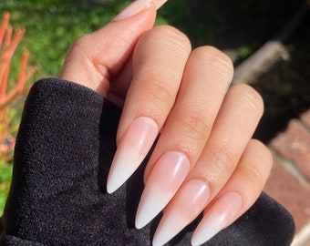 FRENCH KISS Press-On Nails | Ombre French Tip Long Glossy Stiletto Nails | Lavaa Beauty