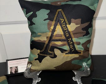 Decorative 8x8 Camo Designed Decorative Keepsake Display Pillow - Alpha Man – Great NEW Design (Personalization Available)