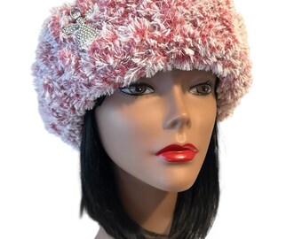 Red and White Frosted CHUNKY Fur Crochet Headband/Ear warmer  Note: Brooch/pin pictured is not included.