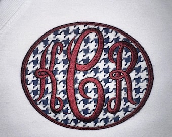 JUMBO Monogrammed Iron-on Patch - Garnet on Vintage Blue/White houndstooth