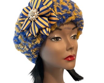 Royal Blue and Gold Fur Crochet Headband/Ear warmer Note: Brooch/pin pictured is not included.
