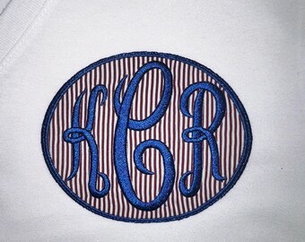JUMBO Monogrammed Iron-on Patch - Blue on Garnet/White Stripes