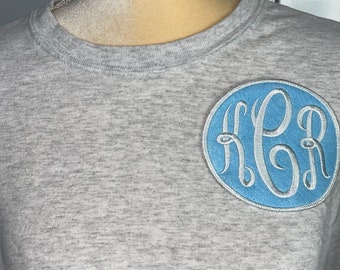 JUMBO Monogrammed Iron-on Patch - White on Carolina Blue fleece fabric