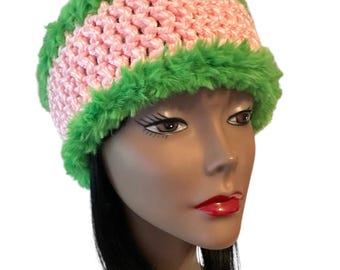 Pink and Green Crochet Headband/Ear warmer with Fur Crochet Trim