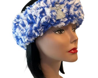 Royal Blue and White Fur Crochet Headband/Ear warmer Note: Brooch/pin pictured is not included.