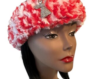 Red and White Fur Crochet Headband/Ear warmer Note: Brooch/pin pictured is not included.