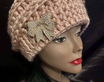 Chunky, Multi-layered, Full Coverage Crochet Beanie with Bow Style Bling Pin