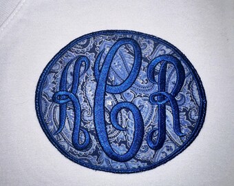JUMBO Monogrammed Iron-on Patch - Blue on Blue Paisley