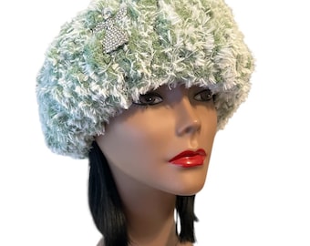 Green and White Frosted CHUNKY Fur Crochet Headband/Ear warmer Note: Brooch/pin pictured is not included.