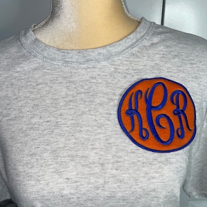 JUMBO Monogrammed Iron-on Patch - Blue on Orange fleece