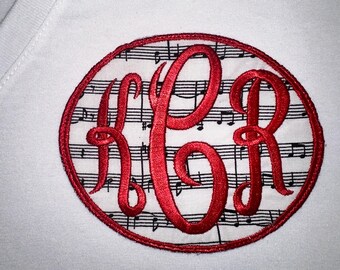 JUMBO Monogrammed Iron-on Patch - Red on Blk-White Musical Notes Theme