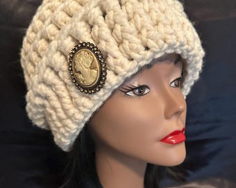 Chunky, Multi-layered, Full Coverage Crochet Beanie with Victorian Style Pin
