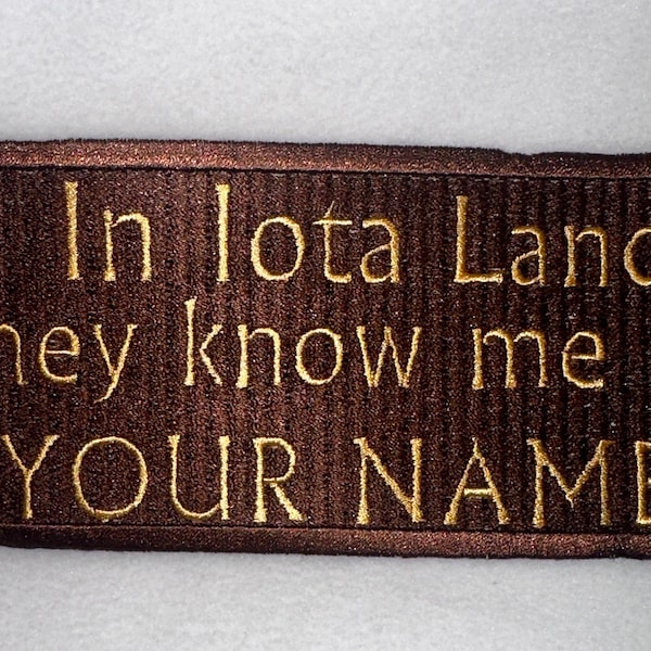 LARGE solid filled, embroidered iron OR sew on patch - In Iota Land they know me as .....PERSONALIZED with Line Name