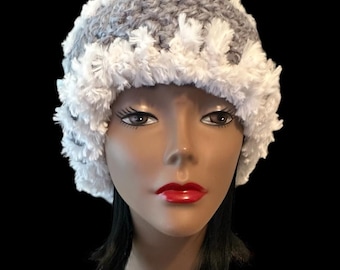 Gray and White Super Bulky Crochet Headband/Ear warmer with Fur Crochet Trim