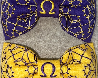 Purple or Gold Omega Man Fraternity Bow tie with uniquely stitched embroidery design