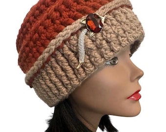 Chunky, Multi-layered, Full Coverage Crochet Beanie with Beautiful Fox Pin/Brooch