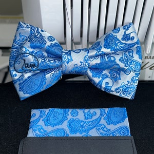 Iam Original Gray/Blue Paisley Bow Tie and Pre-Folded Pocket Square