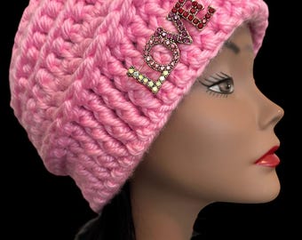 Chunky, Multi-layered, Full Coverage Crochet Beanie with Bow Style Bling Pin