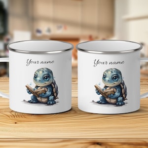 Personalized Turtle Enamel Camping Mug, Custom Name Outdoor Cup, Cute Book Reading Turtle Illustration, Unique Gift for Nature Lovers