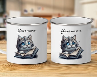 Personalisierte Katzen-Emaille-Tasse, benutzerdefinierter Name-Camping-Becher, niedliche Kätzchen-Lesebuch-Reiseschale, Geschenk für Katzenliebhaber, langlebiges Outdoor-Trinkgeschirr