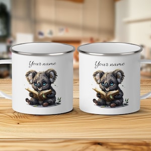 Personalized Koala Enamel Mug, Cute Reading Koala Camping Mug with Your Name, Custom Outdoor Coffee Cup for Book Lovers