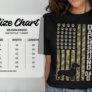 Black t-shirt with distressed American flag design, Dachshund, and paw prints. Size chart included.