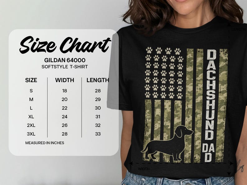 Black t-shirt with distressed American flag design, Dachshund, and paw prints. Size chart included.