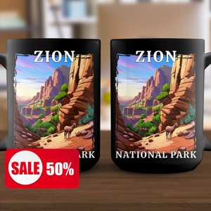 May include: Black ceramic coffee mug with a colorful illustration of Zion National Park, featuring a mountain range, trees, and a canyon. The text "Zion National Park" is printed on the mug.