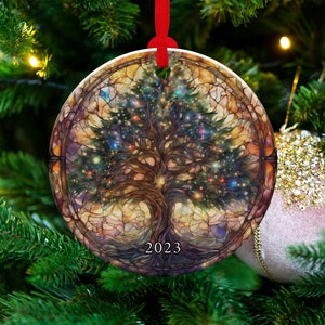 Christmas Ornament 2023, Christmas Decoration, Heirloom Keepsake, Round Ceramic Ornament, Holiday Gift Idea, Keepsake, Stained Glass Style