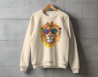 Colorful Lion Sweatshirt with Psychedelic Sunglasses, Unisex Graphic Pullover, Trendy Animal Art, Cool Fashion Wear Top