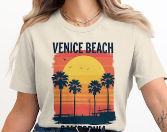 Koszulka Venice Beach, koszulka California Sunset, zabytkowe palmy, koszulka Retro Beach Graphic, fajna koszulka wakacyjna, pamiątkowa koszulka podróżna