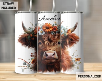 Highland Cow Boho Custom Floral Tumbler, Bloemen Mok Cadeau, Highland Cow Western Tumbler Cup, Koe Tumbler Gift, Gepersonaliseerde Koe Tumbler