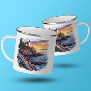 Acadia National Park Lighthouse Enamel Camping Mug, Scenic Coastline Sunset, Outdoor Adventure Coffee Cup