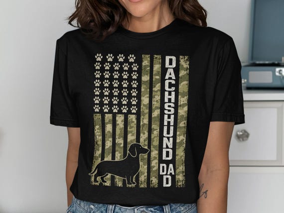 Dachshund Dad Camo Flag T-Shirt | Patriotic Dog Lover Gift for Him | American Flag Sausage Dog Owner Tee | Military Style