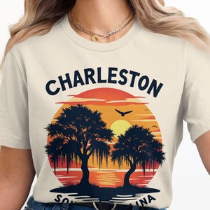 Charleston South Carolina Sunset T-Shirt, Vintage Charleston Tee, Trees and Sunset Graphic Shirt, Retro Coastal Souvenir Clothing